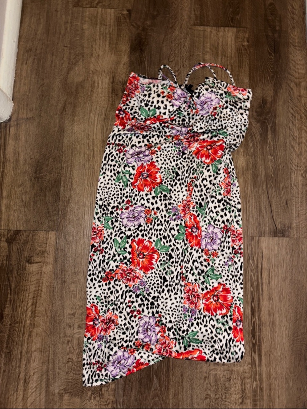 Bra Padded Floral & Leopard Print Spaghetti Strap Dress